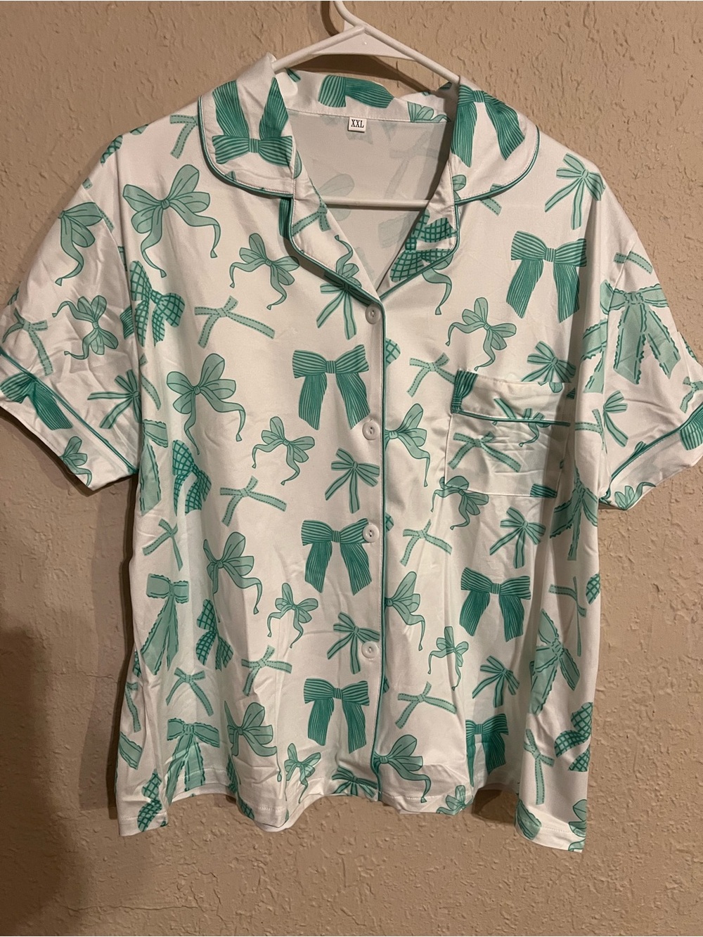 Women's Short-Sleeve Pajama Top in Teal Bow Print
